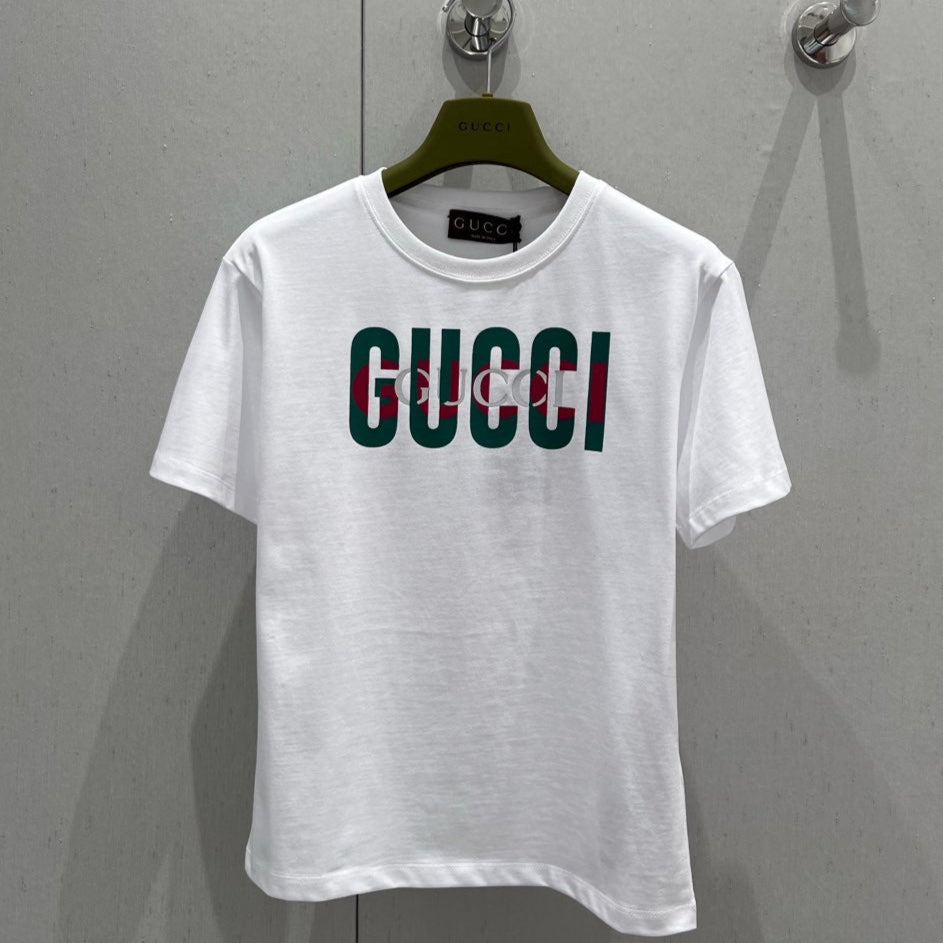GUCCI Gucci 2025 Print Short Sleeve T-shirt White Green Red Cotton