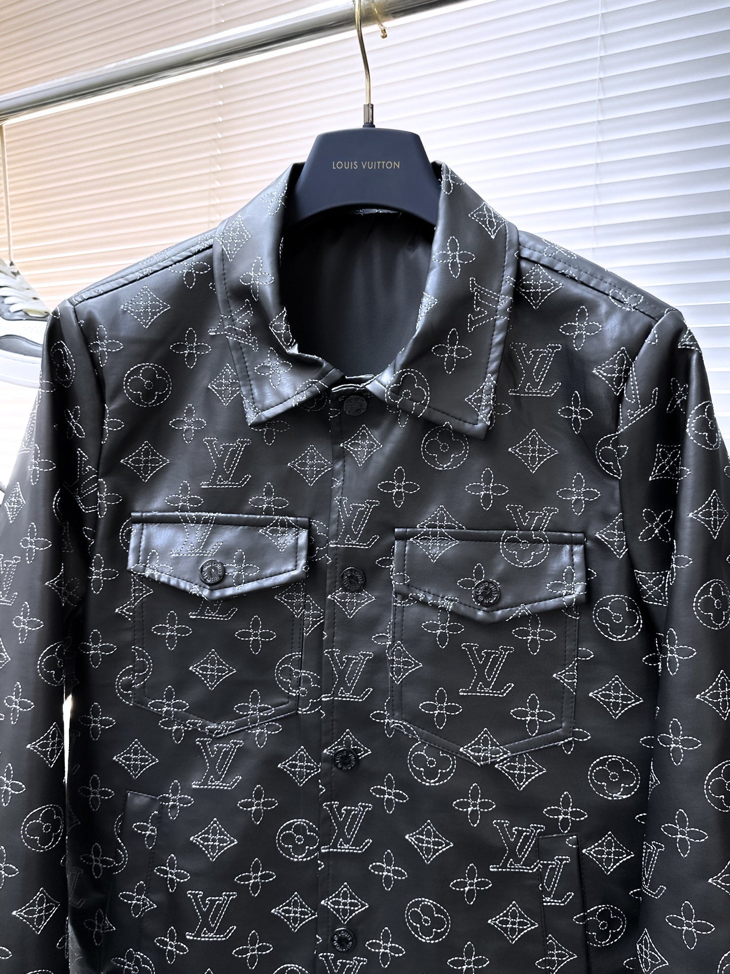 LOUIS VUITTON LV SHIRT JACKET IN BLACK MONOGRAM EMBROIDERED CALFSKIN 239119