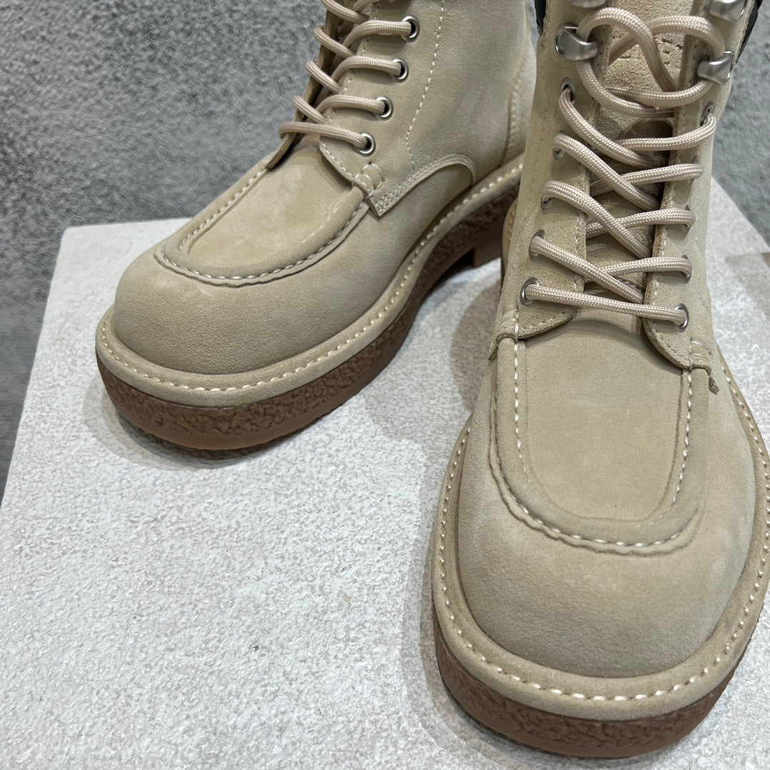 BOTTEGA VENETA HADDOCK LACE-UP ANKLE BOOT IN KHAKI BROWN SUEDE