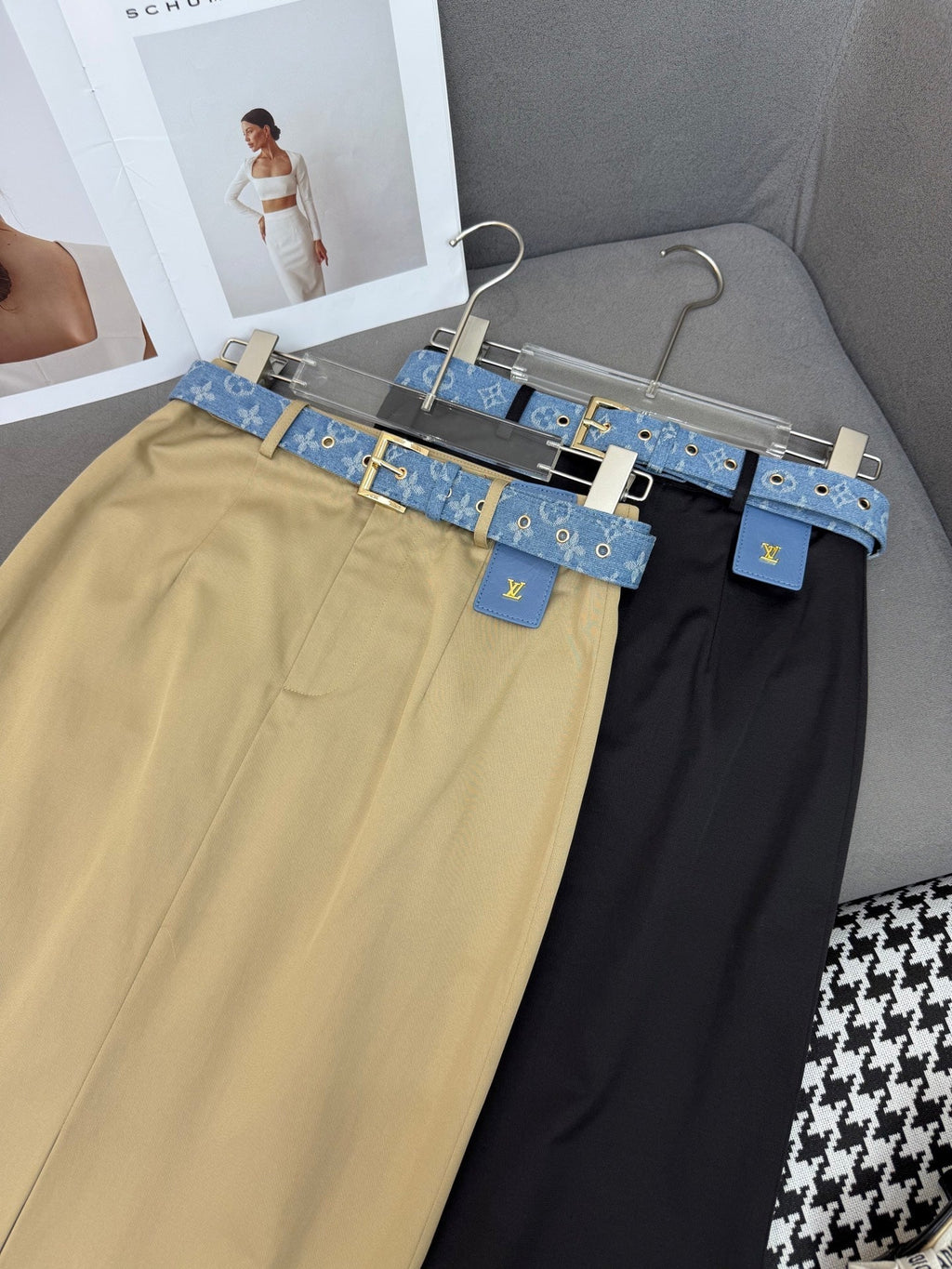 LOUIS VUITTON FRONT-SLIT SKIRT WITH LOGO BELT