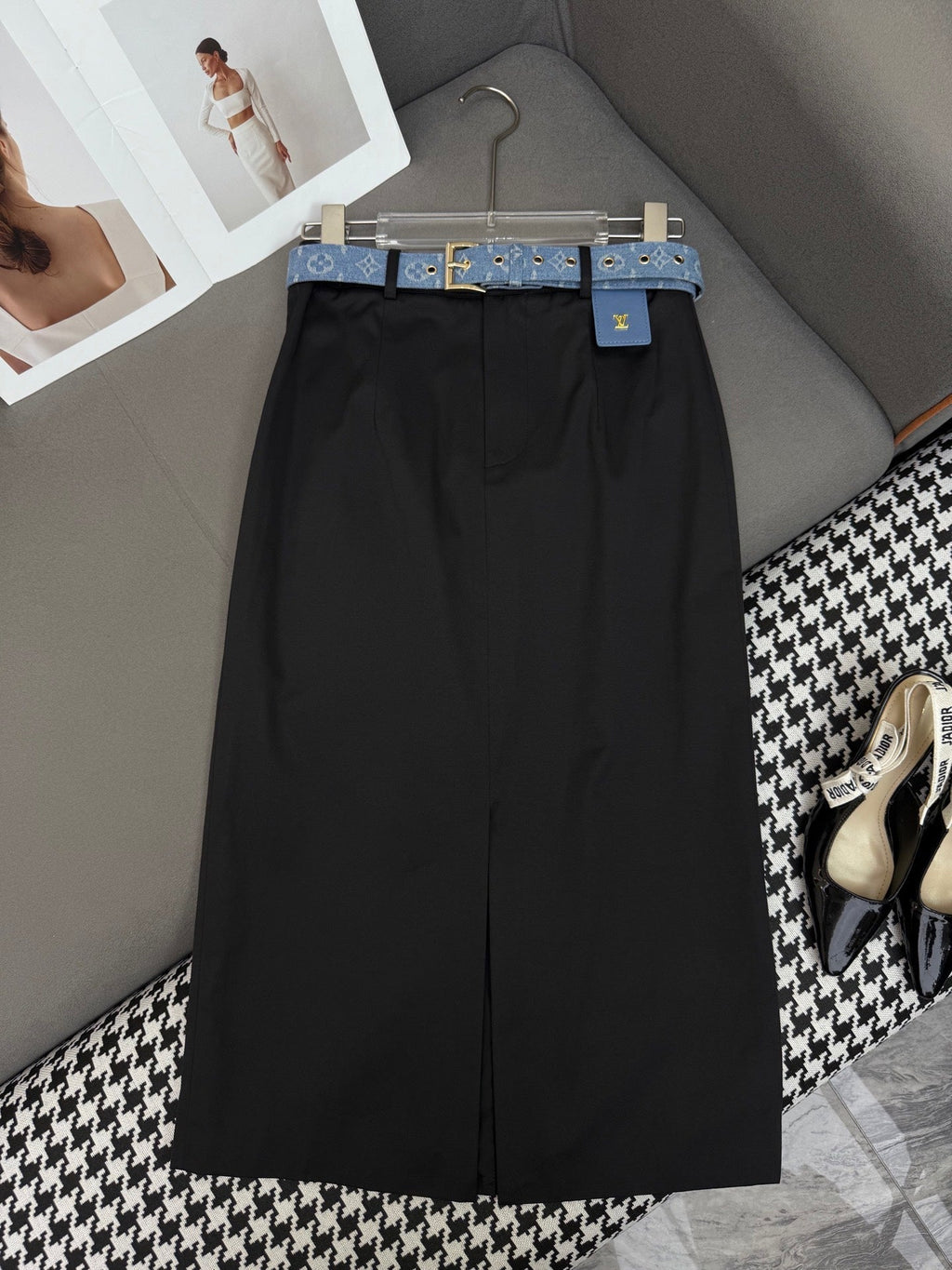 LOUIS VUITTON FRONT-SLIT SKIRT WITH LOGO BELT