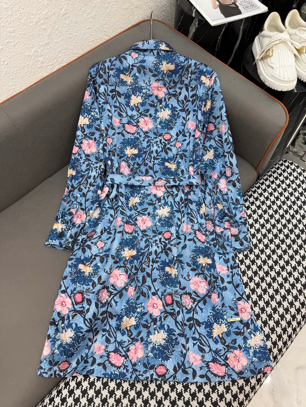 LOUIS VUITTON LV LONG-SLEEVE FLORAL PRINT SHIRT DRESS IN BLUE