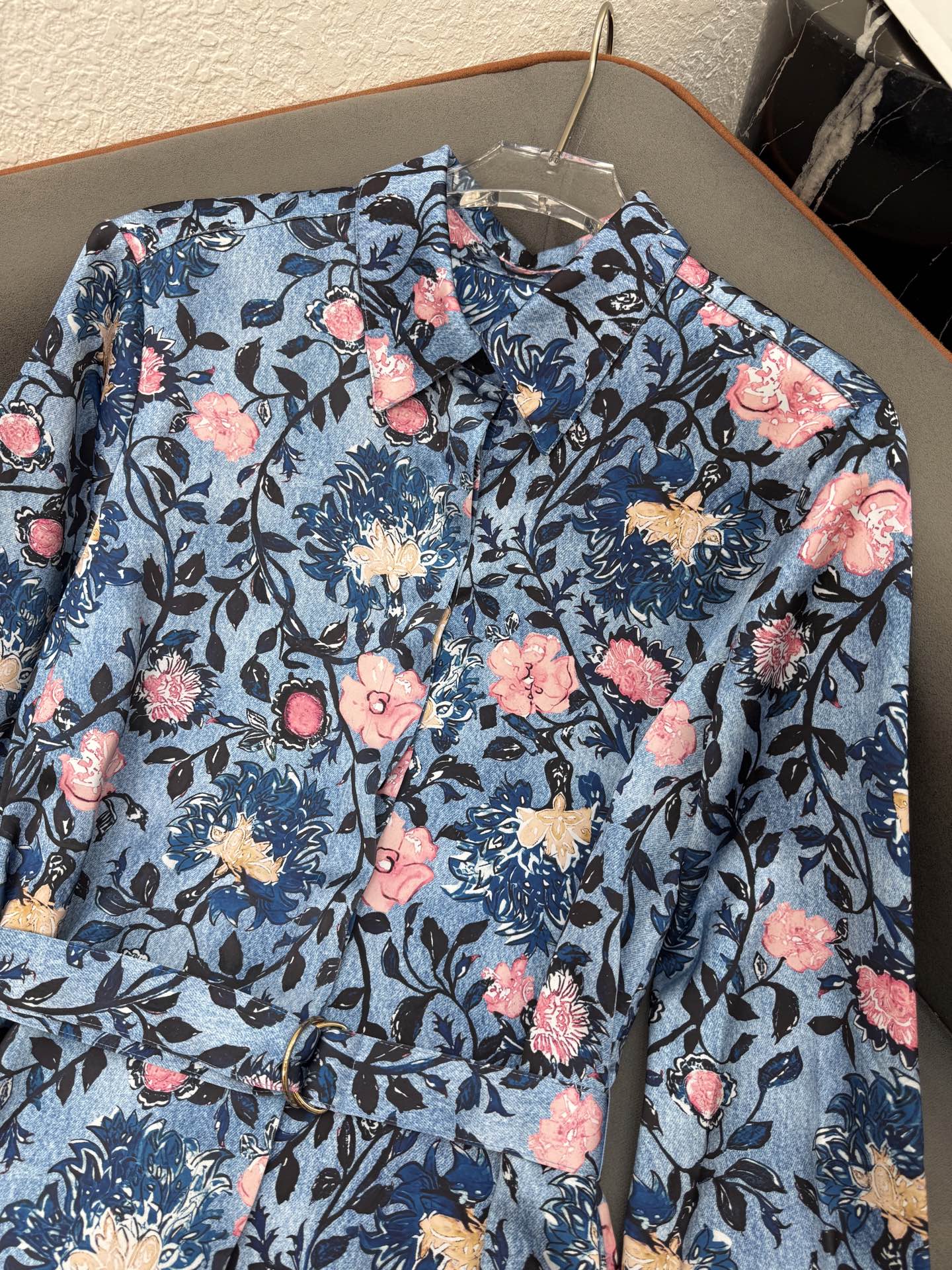 LOUIS VUITTON LV LONG-SLEEVE FLORAL PRINT SHIRT DRESS IN BLUE