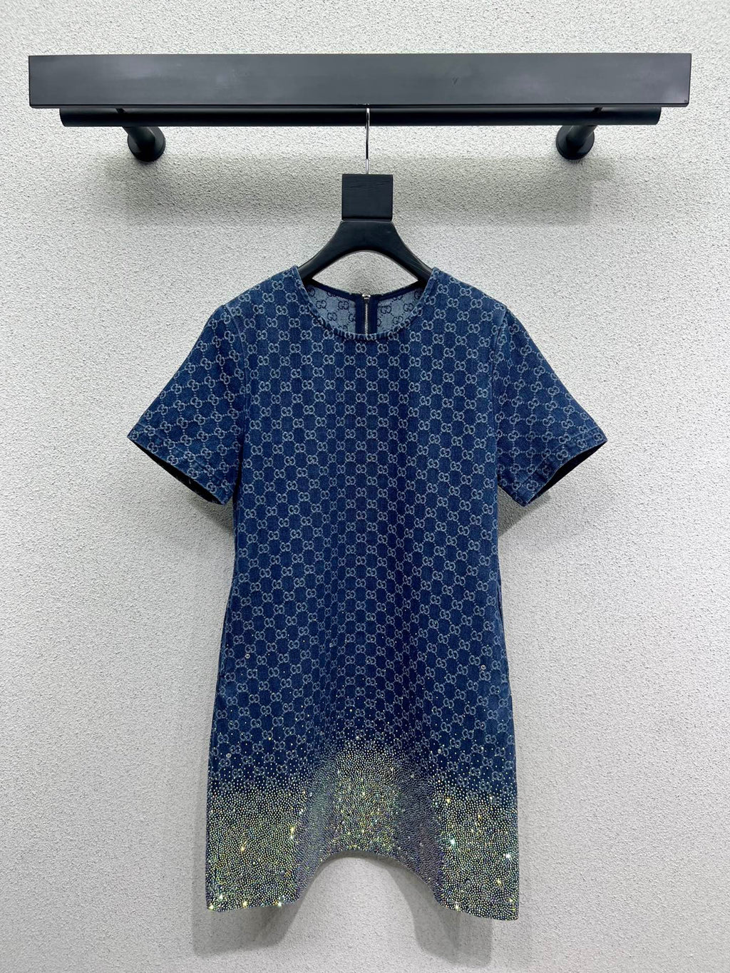 GUCCI Blue Monogram Crystal Embellished Mini Dress