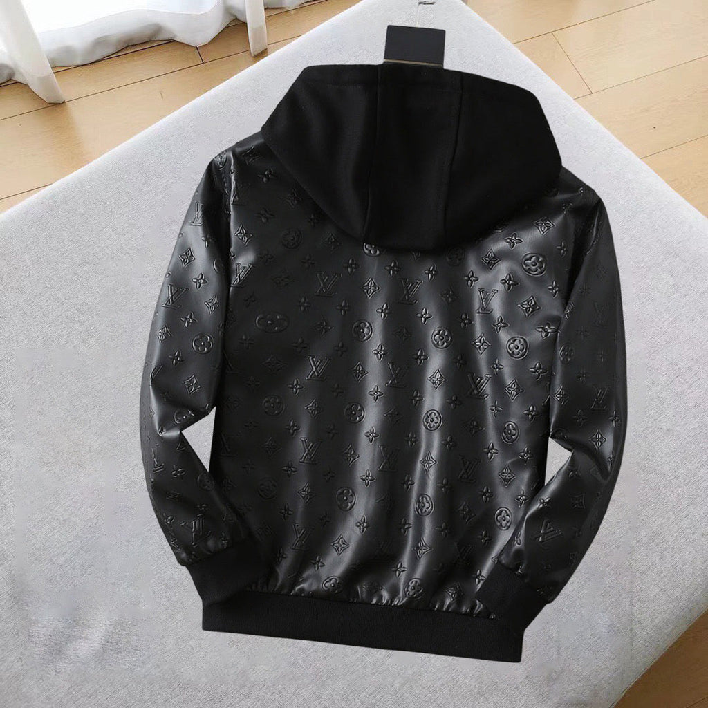 LOUIS VUITTON LV HOODED JACKET IN BLACK EMBOSSED CALFSKIN AND COTTON 239057
