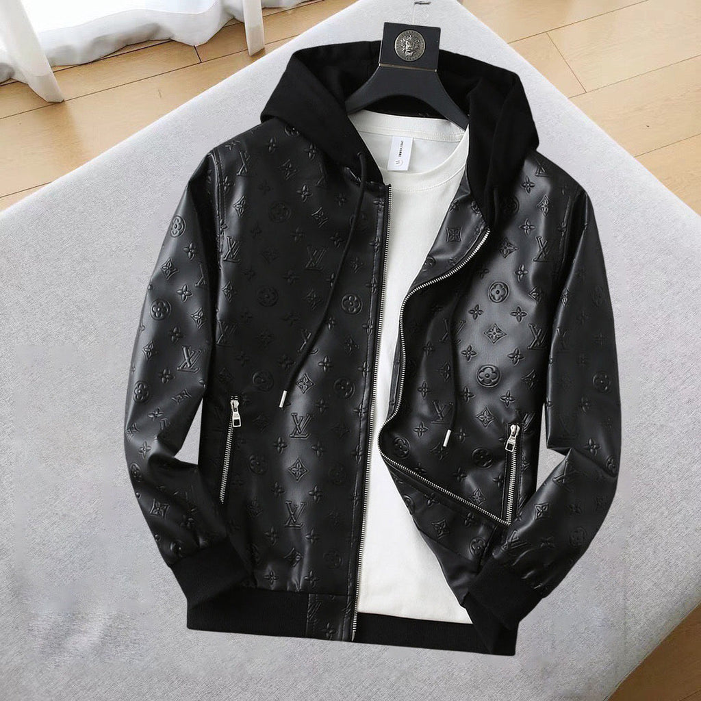 LOUIS VUITTON LV HOODED JACKET IN BLACK EMBOSSED CALFSKIN AND COTTON 239057
