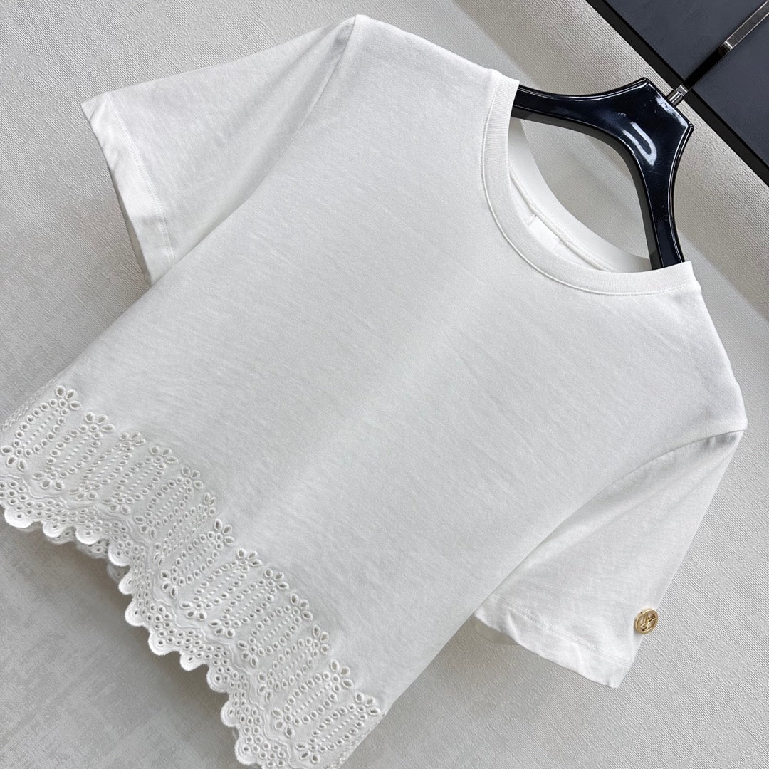 LOUIS VUITTON LV T-SHIRT WITH LACE-TRIMMED HEM