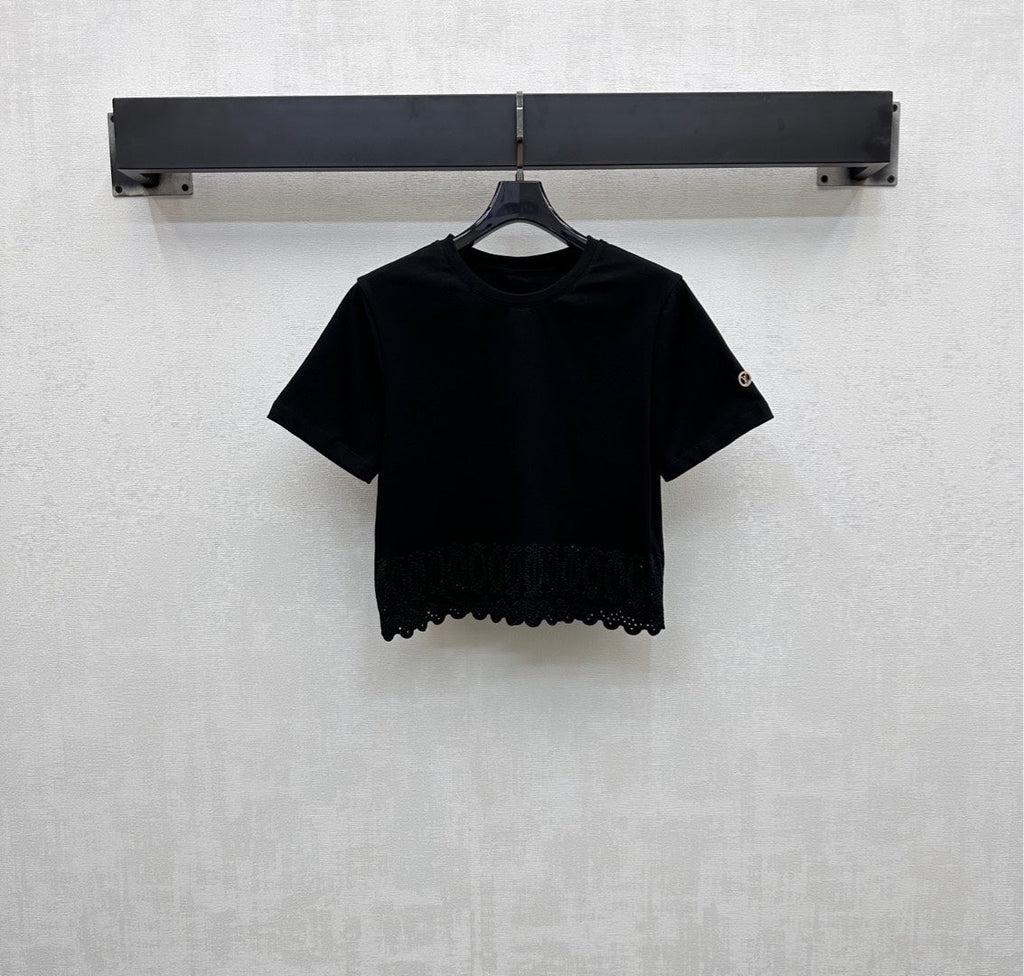 LOUIS VUITTON LV T-SHIRT WITH LACE-TRIMMED HEM