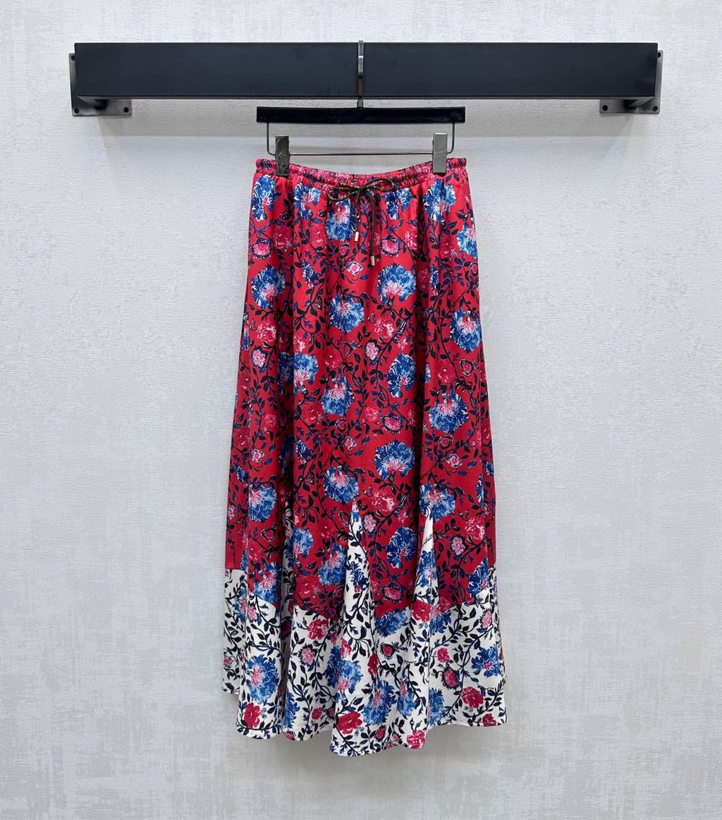 LOUIS VUITTON LV FLORAL SILK SKIRT IN RED