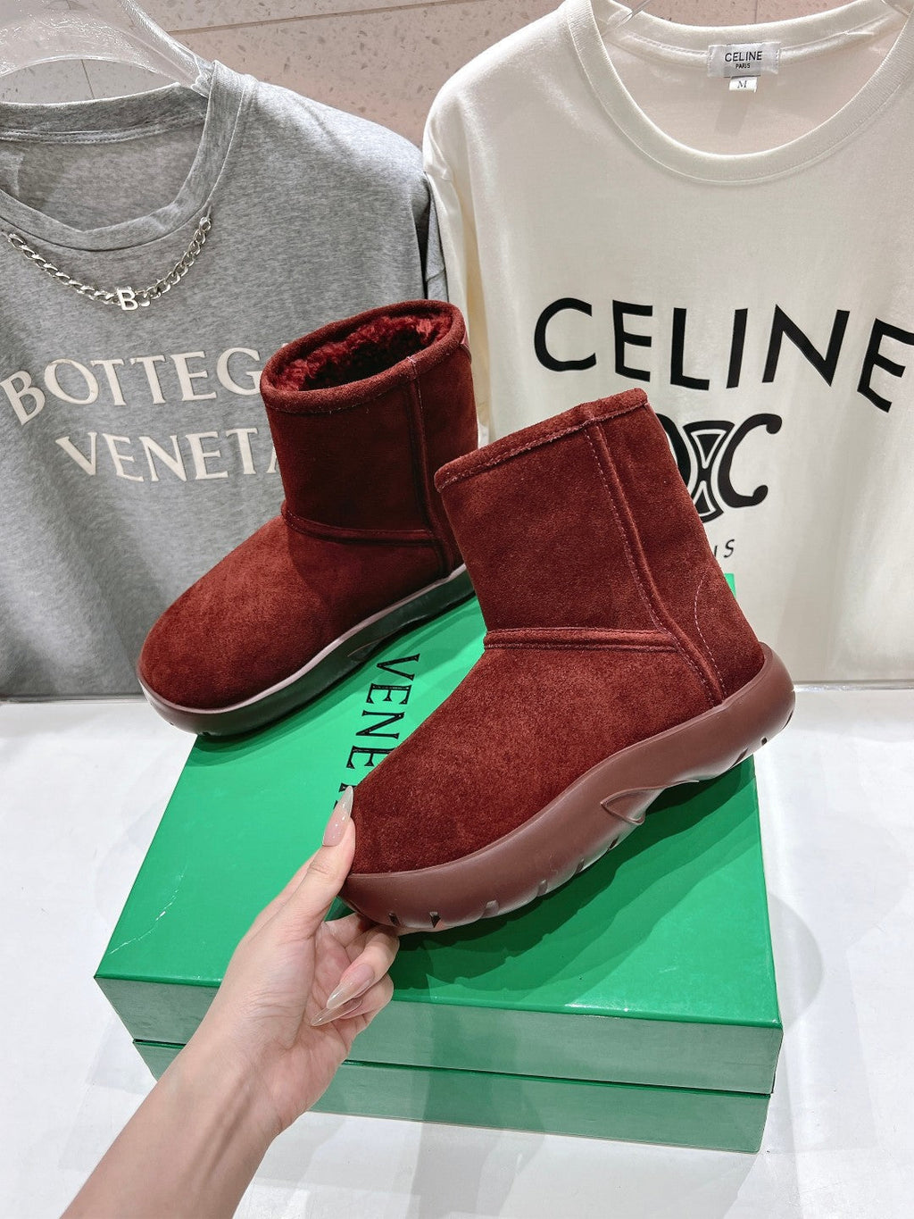 BOTTEGA VENETA SNAP MINI ANKLE BOOTS IN JAM RED SUEDE AND SHEARLING LINING