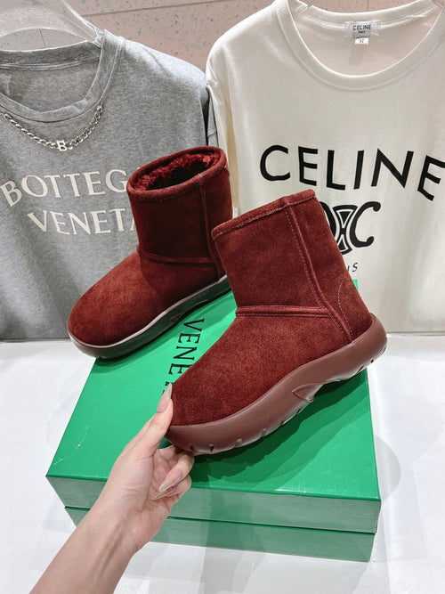 BOTTEGA VENETA SNAP MINI ANKLE BOOTS IN JAM RED SUEDE AND SHEARLING LINING