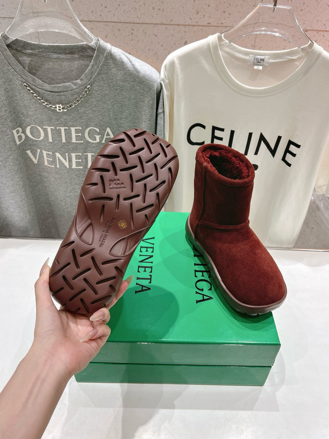 BOTTEGA VENETA SNAP MINI ANKLE BOOTS IN JAM RED SUEDE AND SHEARLING LINING